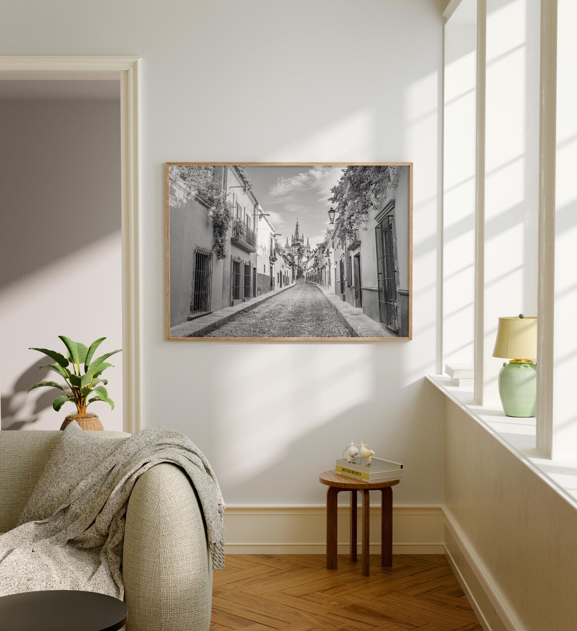 San Miguel de Allende Cobblestone Street Black and White Poster - Image 5