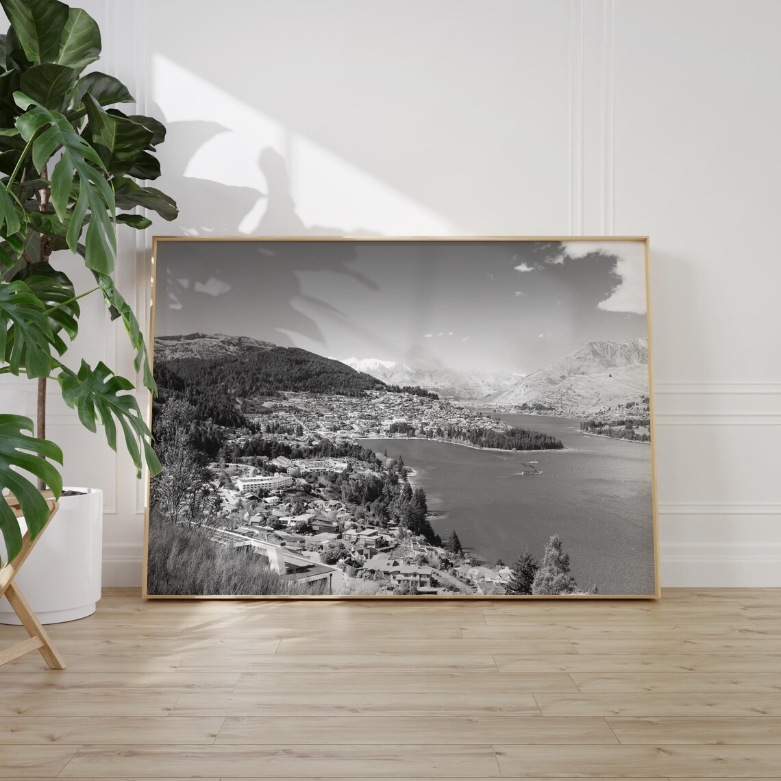 Queenstown Lake Town and Snowy Mountains Black and White Poster - Image 2