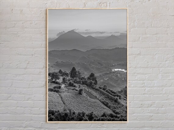 Black and White Uganda Mountain Landscape Photography Poster