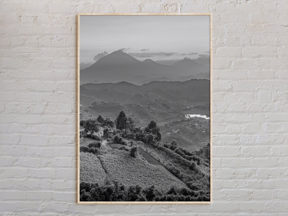 Black and White Uganda Mountain Landscape Photography Poster