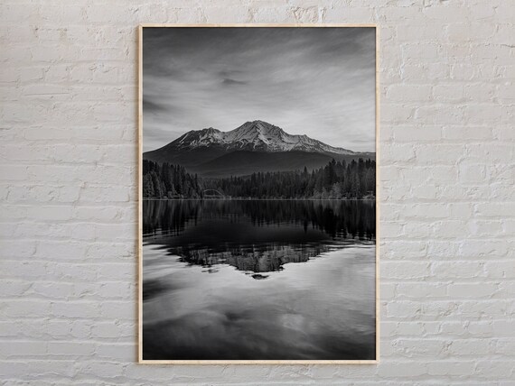 Black And White Mountain Lake Reflection Serene Nature Photo Print