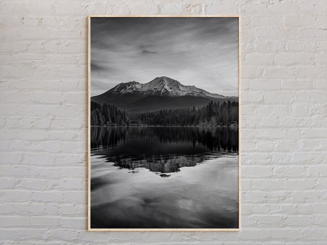 Black And White Mountain Lake Reflection Serene Nature Photo Print