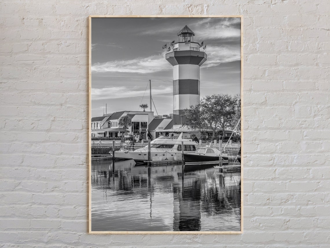 Hilton Head Island Lighthouse Harbor Black And White Photo Poster