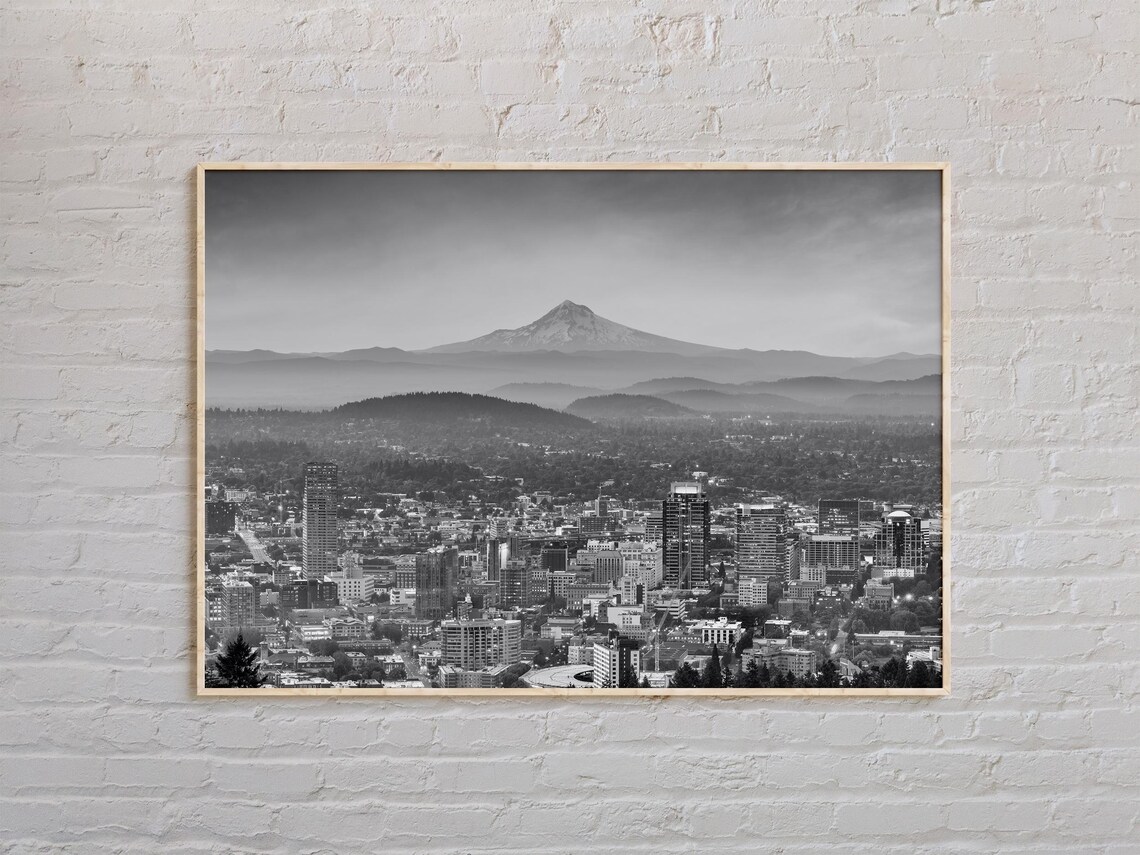 Portland Oregon Skyline With Mount Hood Black And White Photography Poster