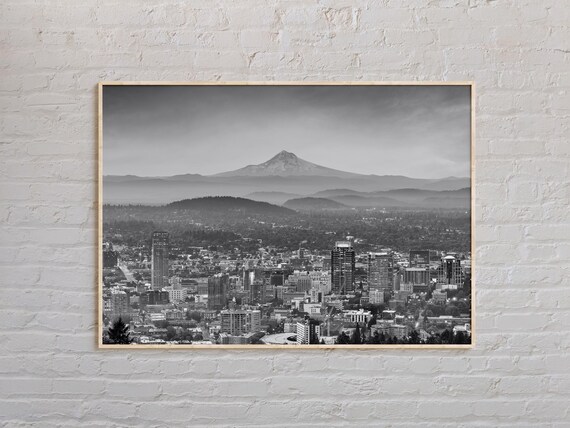 Portland Oregon Skyline With Mount Hood Black And White Photography Poster