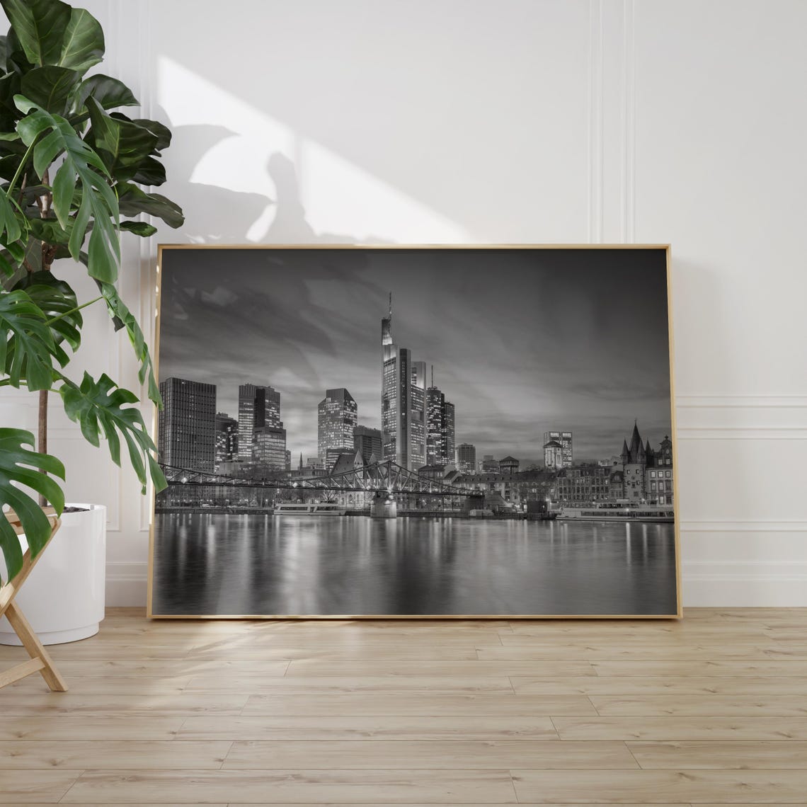 Frankfurt am Main Night Skyline River Black and White City Poster - Image 2
