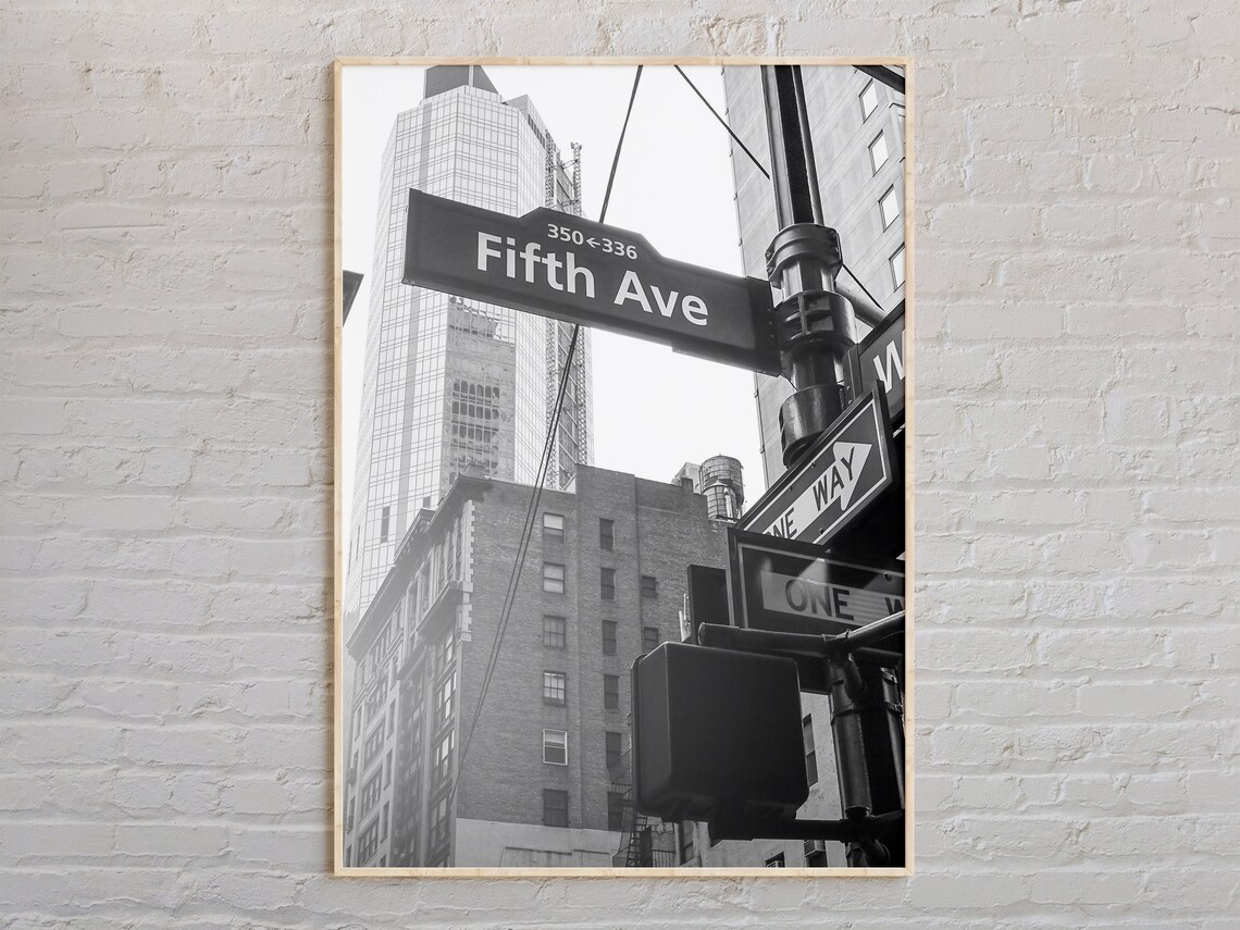 New York Fifth Avenue Street Sign Black and White Photography Poster