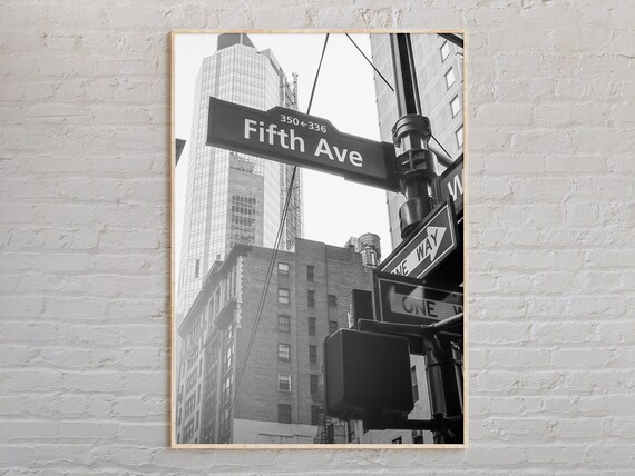 New York Fifth Avenue Street Sign Black and White Photography Poster