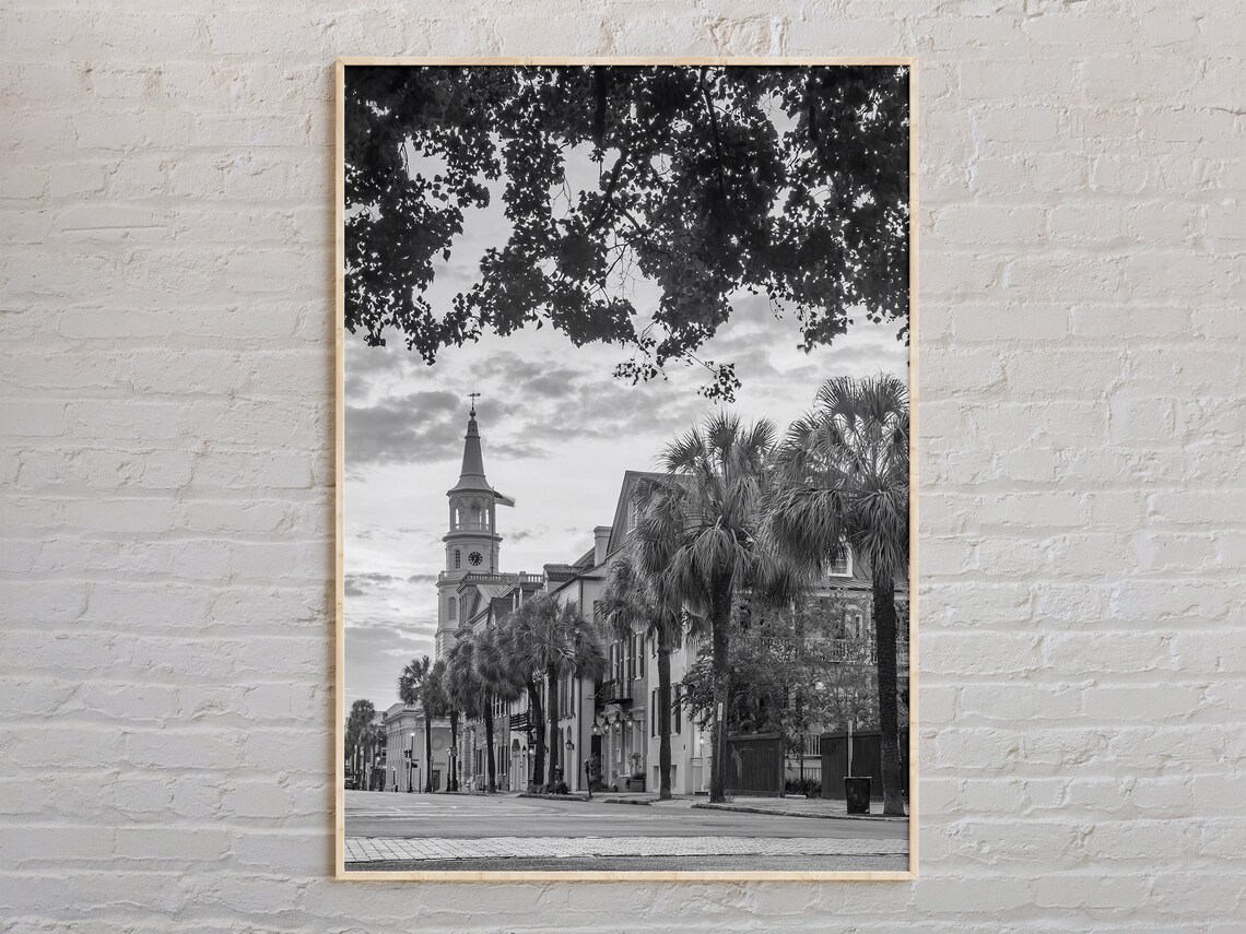 Historic Charleston Street Church Steeple Black And White Photo Poster