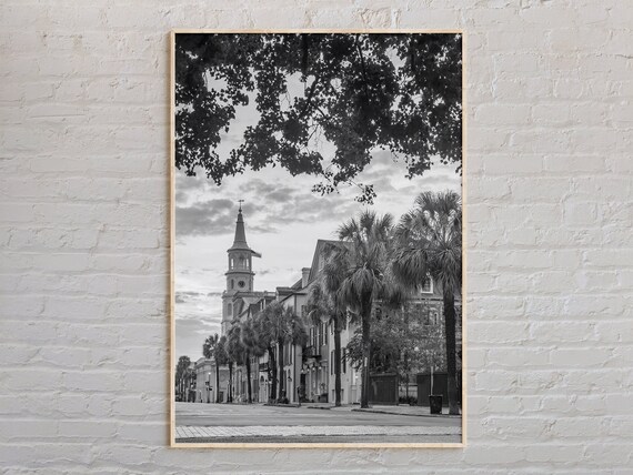 Historic Charleston Street Church Steeple Black And White Photo Poster