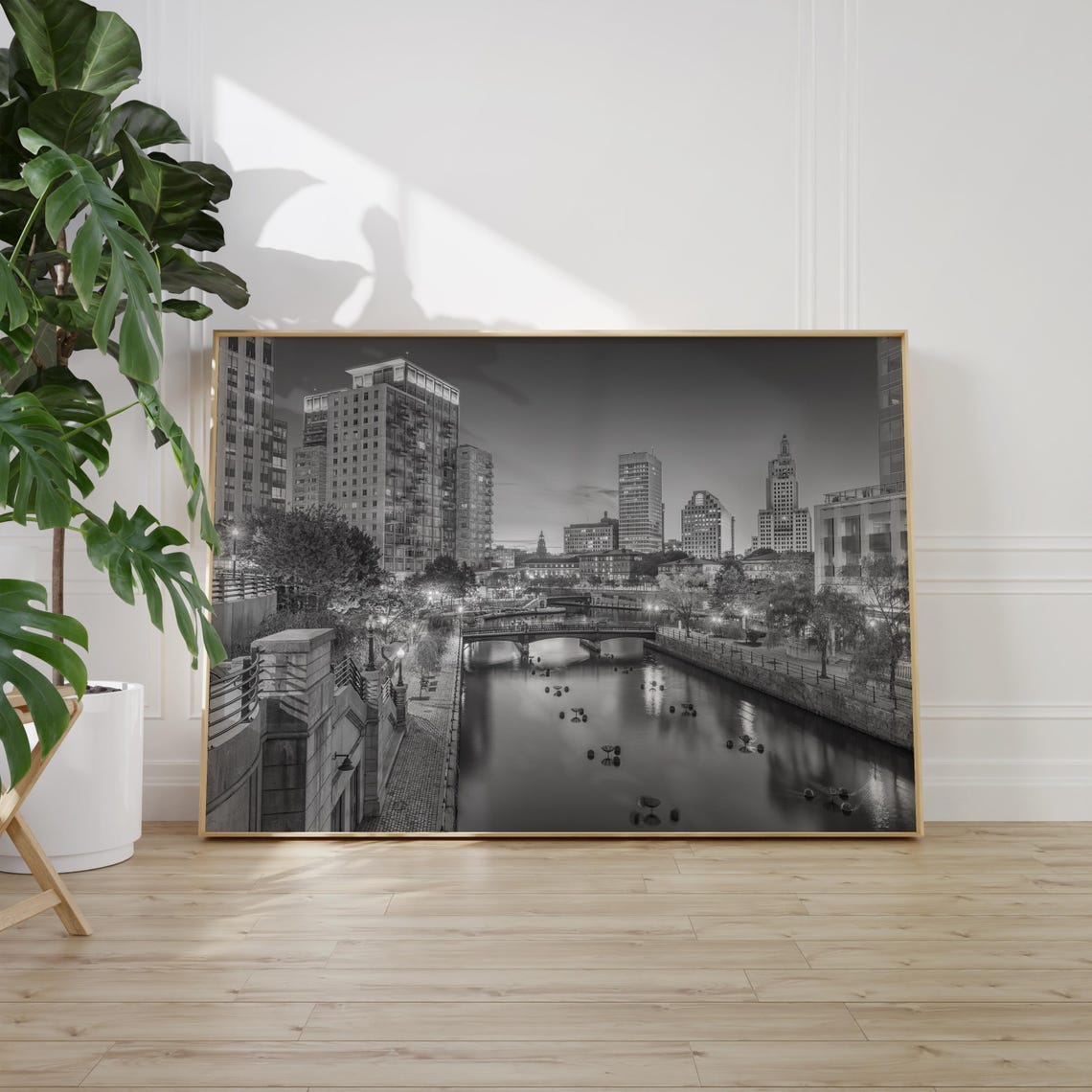 Providence Night River Bridge Skyline Black and White City Poster - Image 2