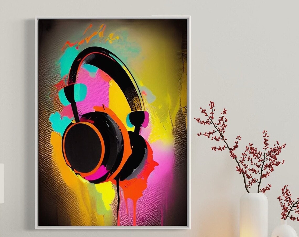 Neon Graffiti Headphones Music Art Poster in Bold Street Style