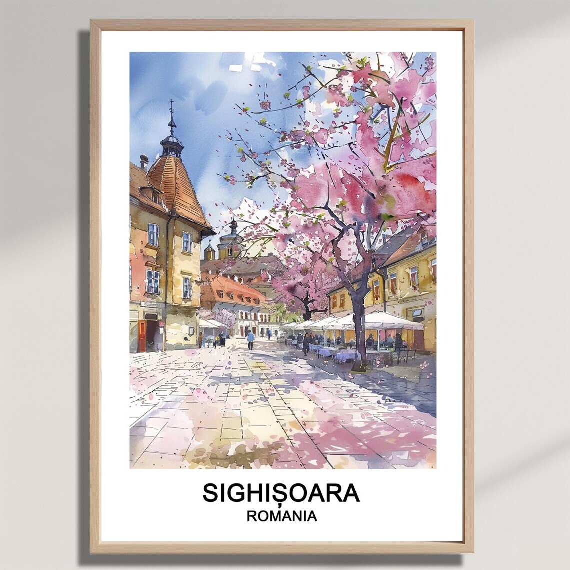 Sighisoara Romania Cherry Blossom Old Town Watercolor Travel Poster