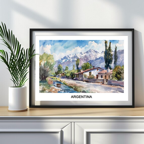 Argentina Mountain Village Watercolor Landscape Travel Art Poster