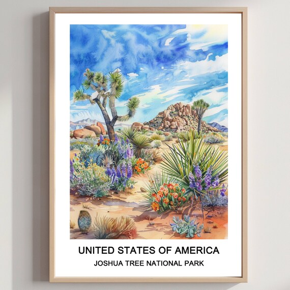 Joshua Tree National Park Watercolor Desert Wildflowers Mountain Travel Poster