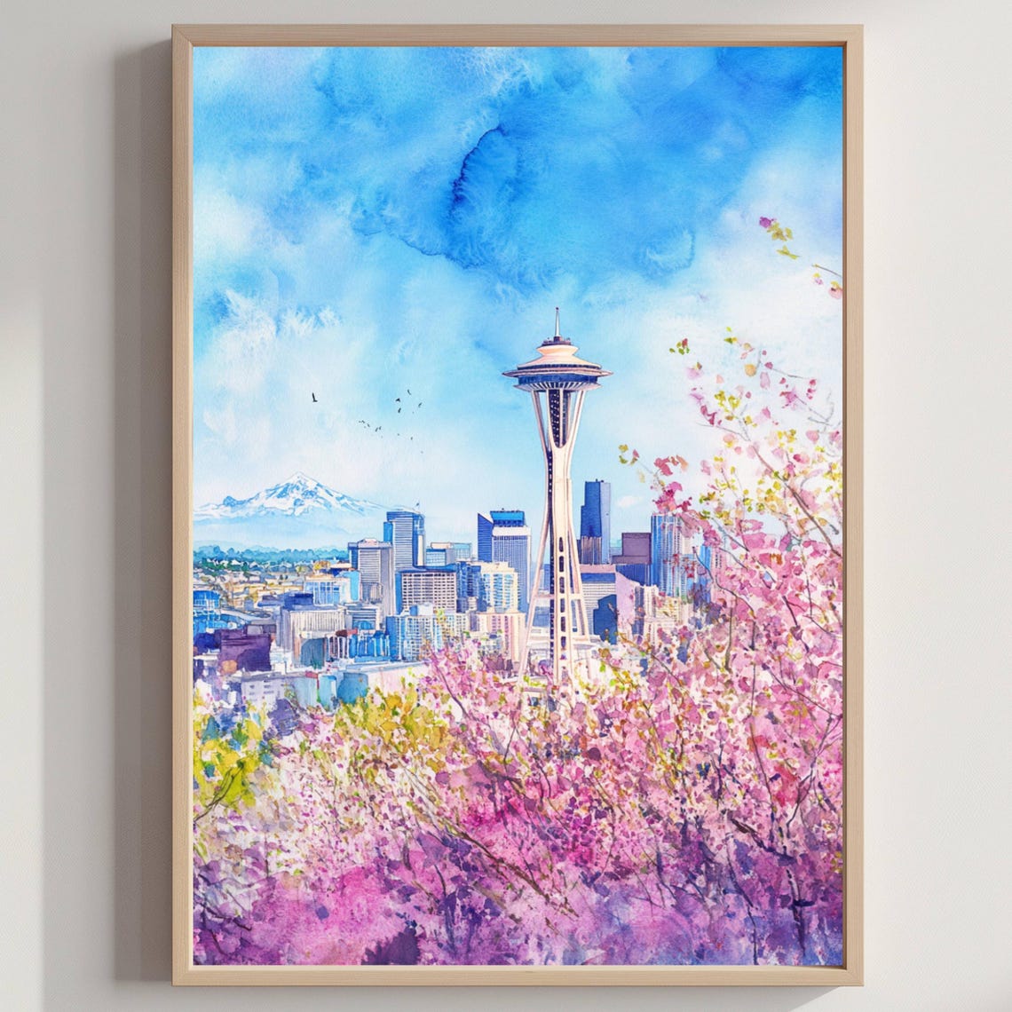 Seattle Space Needle with Cherry Blossoms Watercolor Skyline Poster