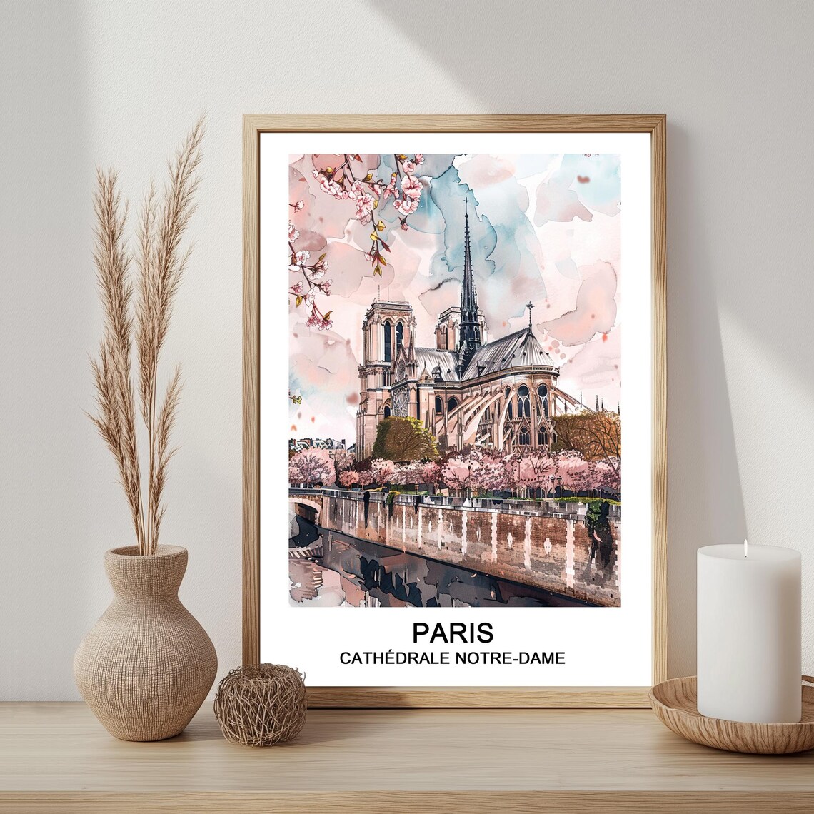 Paris Notre-Dame Cathedral Blossom Watercolor Romantic Travel Poster
