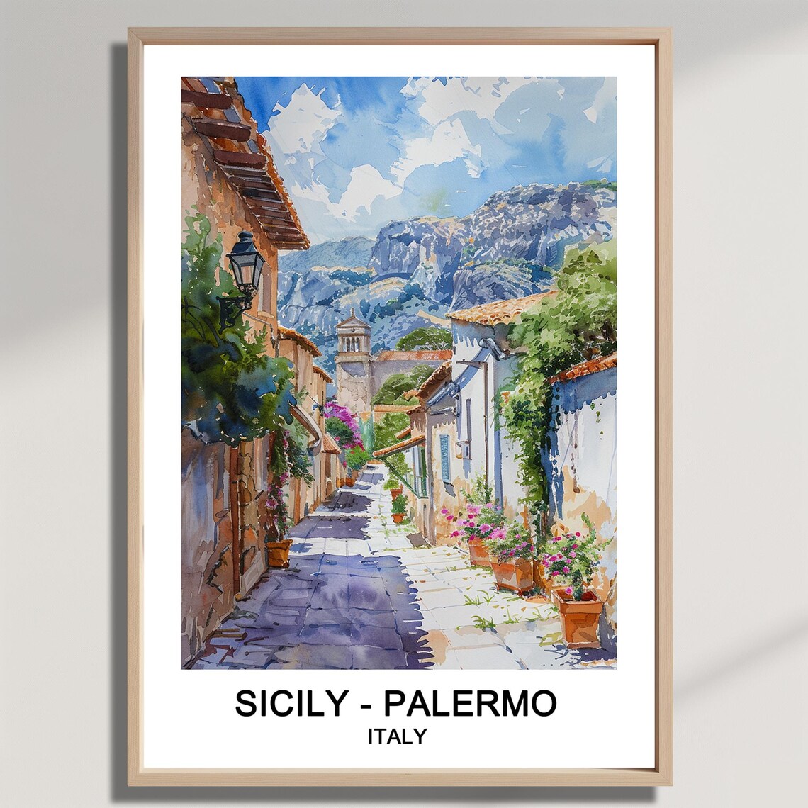 Palermo Sicily Italy Watercolor Old Alley Church Tower Art Poster