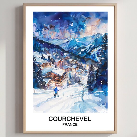 Courchevel France Watercolor Ski Resort Poster Winter Slope Scene