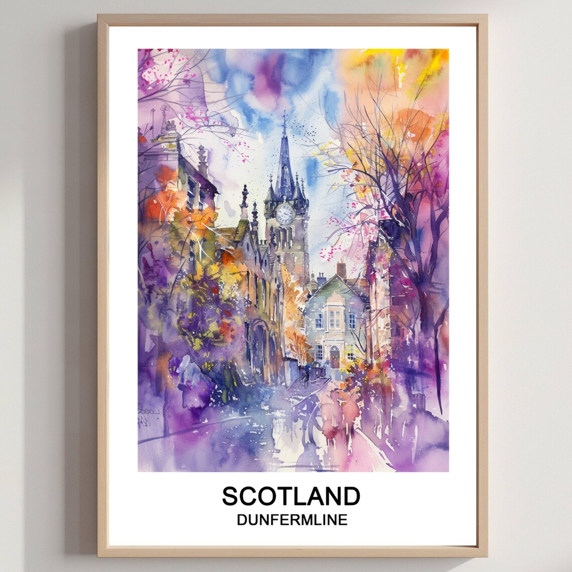 Dunfermline Scotland Watercolor Clock Tower Street Scene Travel Poster