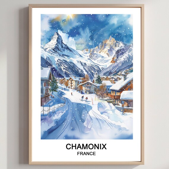 Chamonix France Watercolor Ski Resort Poster Snowy Alpine Village