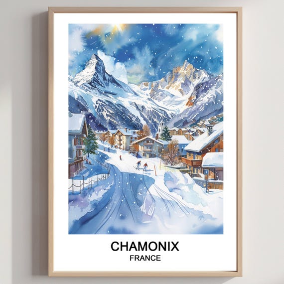 Chamonix Ski Resort Watercolor Art Print French Travel Poster