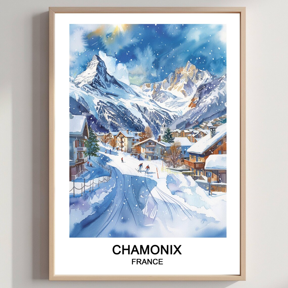 Chamonix France Watercolor Ski Resort Poster Snowy Alpine Village