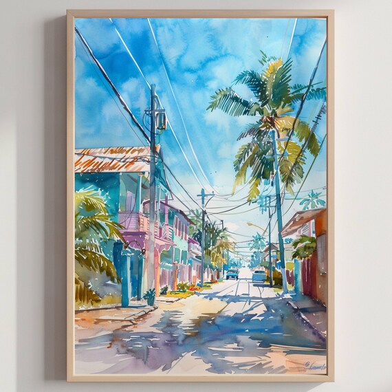 Tropical Caribbean Town Street Palm Watercolor Travel Poster