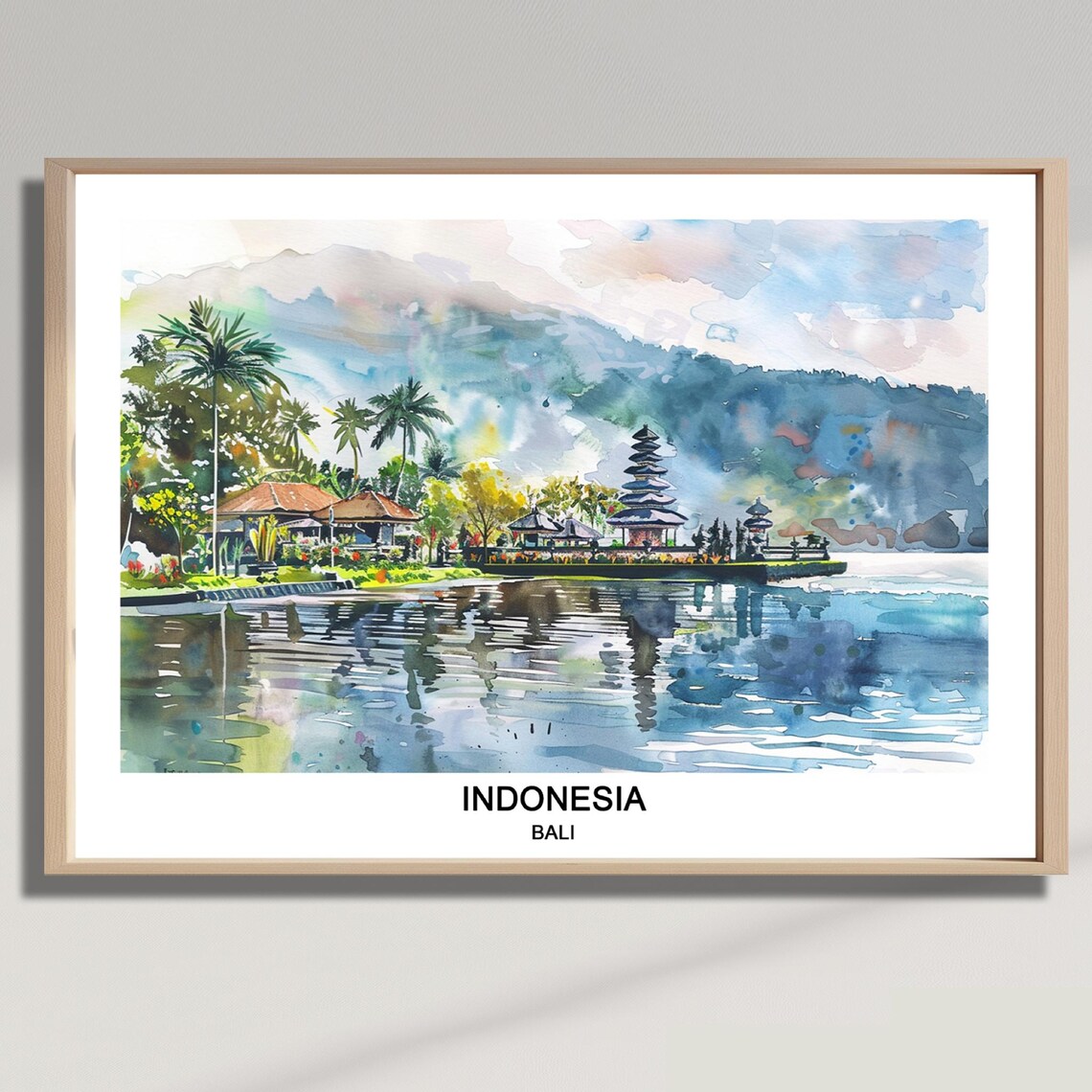 Bali Indonesia Lake Temple Watercolor Tropical Scenic Travel Poster