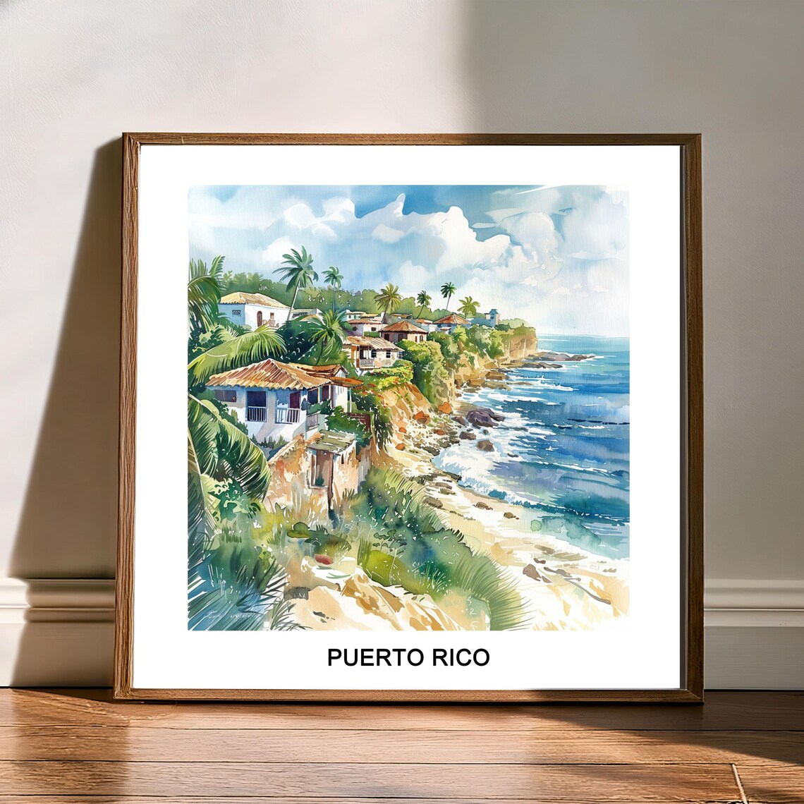 Puerto Rico Tropical Coastal Village Watercolor Scenic Travel Poster