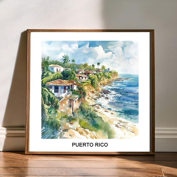 Puerto Rico Tropical Coastal Village Watercolor Scenic Travel Poster