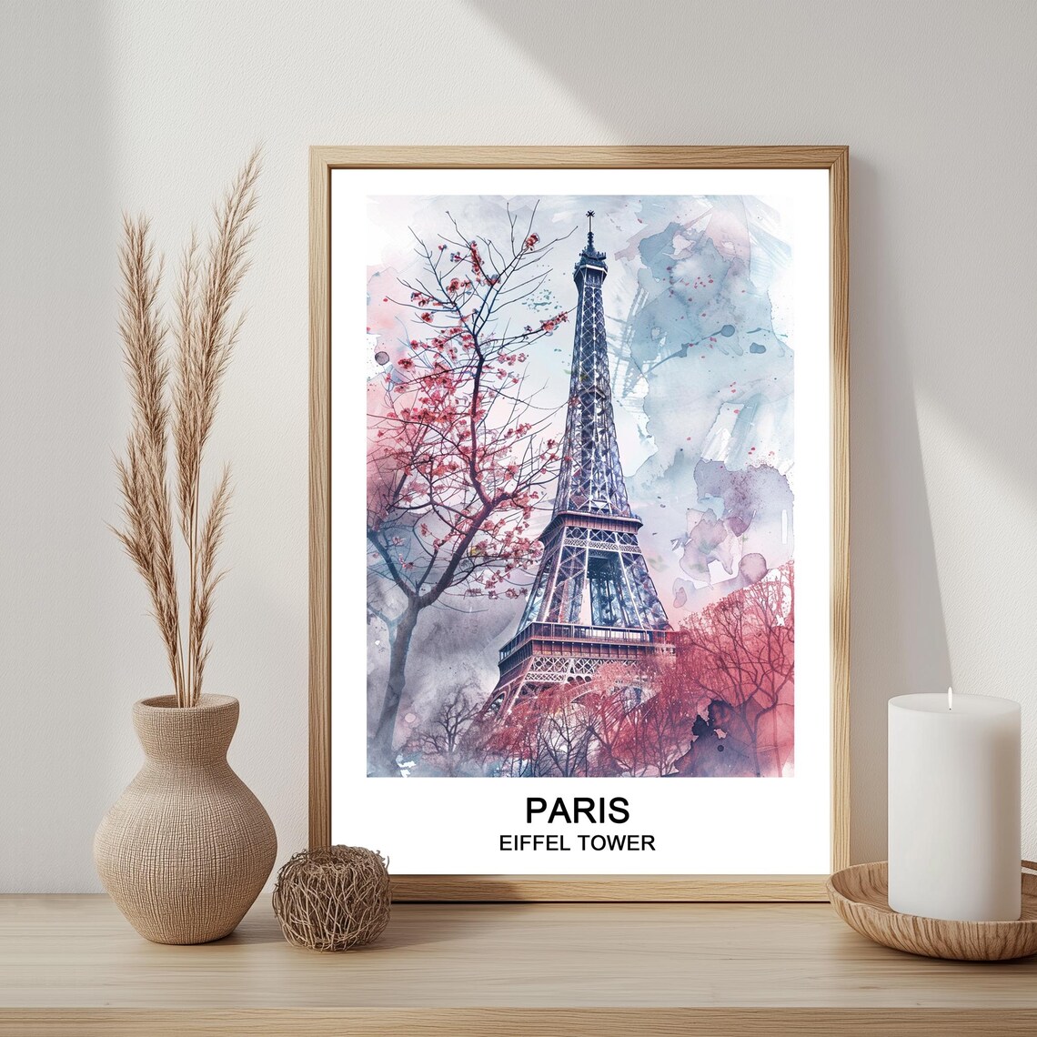 Eiffel Tower Paris Pink Blossom Watercolor Landmark Art Poster