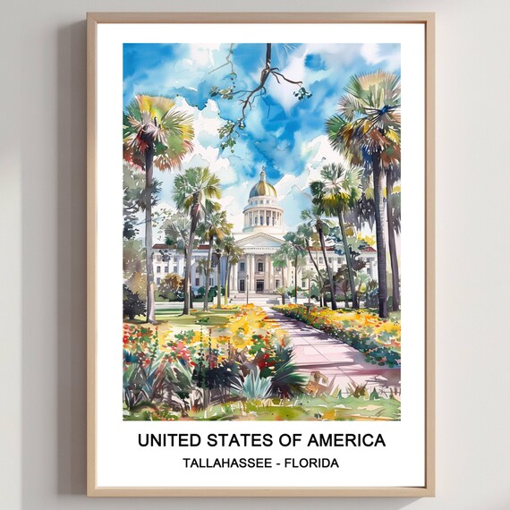 Tallahassee Florida Watercolor Capitol Dome Palm Trees Travel Poster