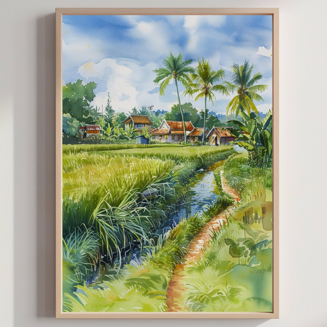 Cambodia Countryside Village Rice Paddy Palms Watercolor Travel Poster