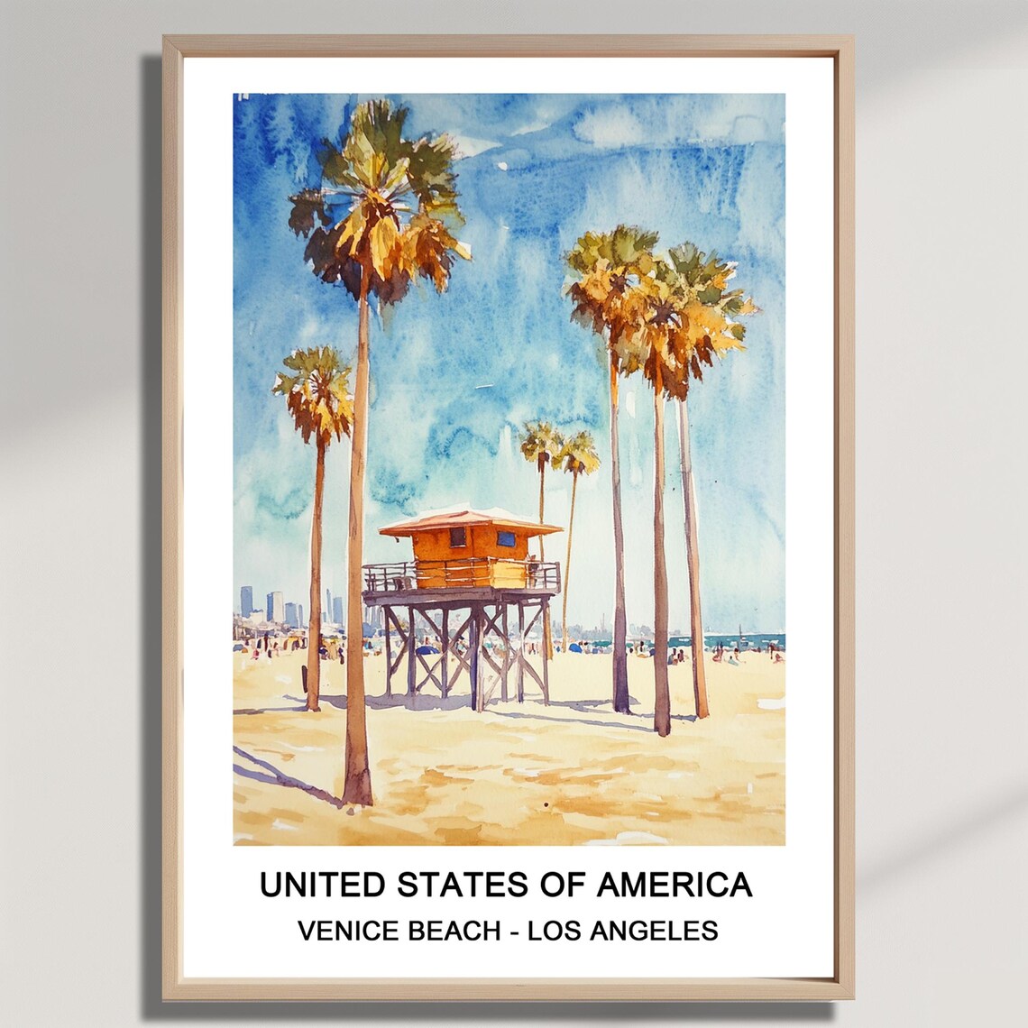Venice Beach Los Angeles Watercolor Poster With Lifeguard Tower
