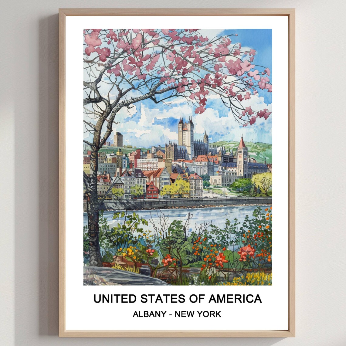 Albany New York Skyline Cherry Blossoms Watercolor City Travel Poster