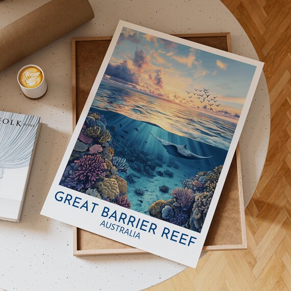 Great Barrier Reef Australia Travel Poster With Coral Manta Ray And Sunset Ocean Scene Underwater Tropical Wall Art Print Decor Gift