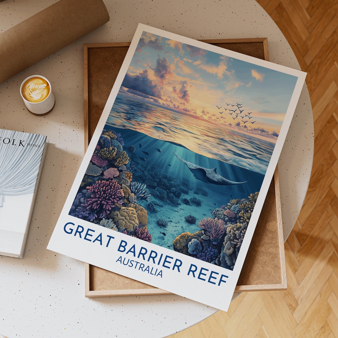 Great Barrier Reef Australia Travel Poster with Manta Ray and Coral