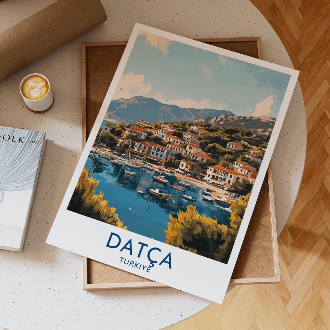 Datca Turkiye Coastal Village Boats Bay Mountain Travel Poster