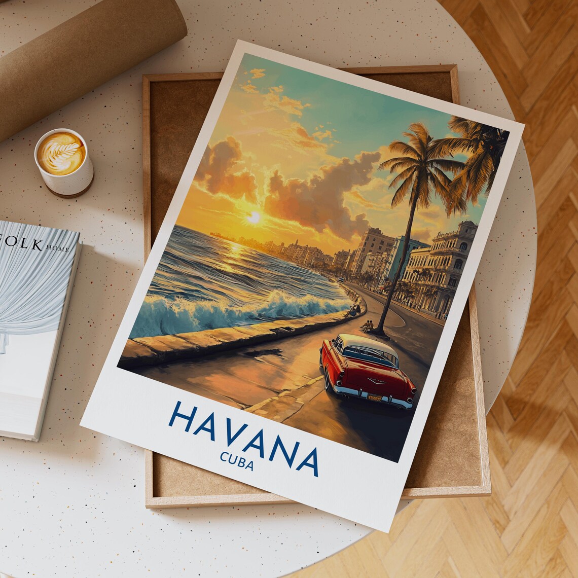 Havana Cuba Sunset Malecon Vintage Car Tropical Travel Poster