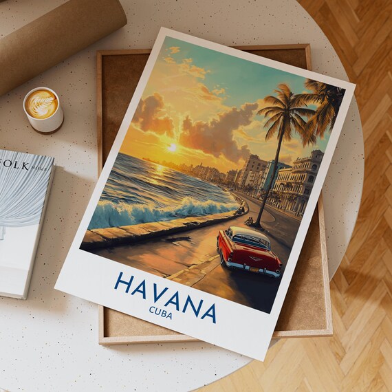 Havana Vintage Car Sunset Art Print With Ocean Boulevard Tropical Palm Tree Poster For Caribbean Travel Wall Decor Unique Gift