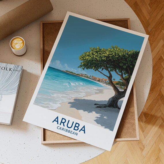 Aruba Caribbean Beach Wall Art Print Featuring Divi Tree On White Sand Shoreline With Turquoise Ocean And Seaside Resorts View Gift