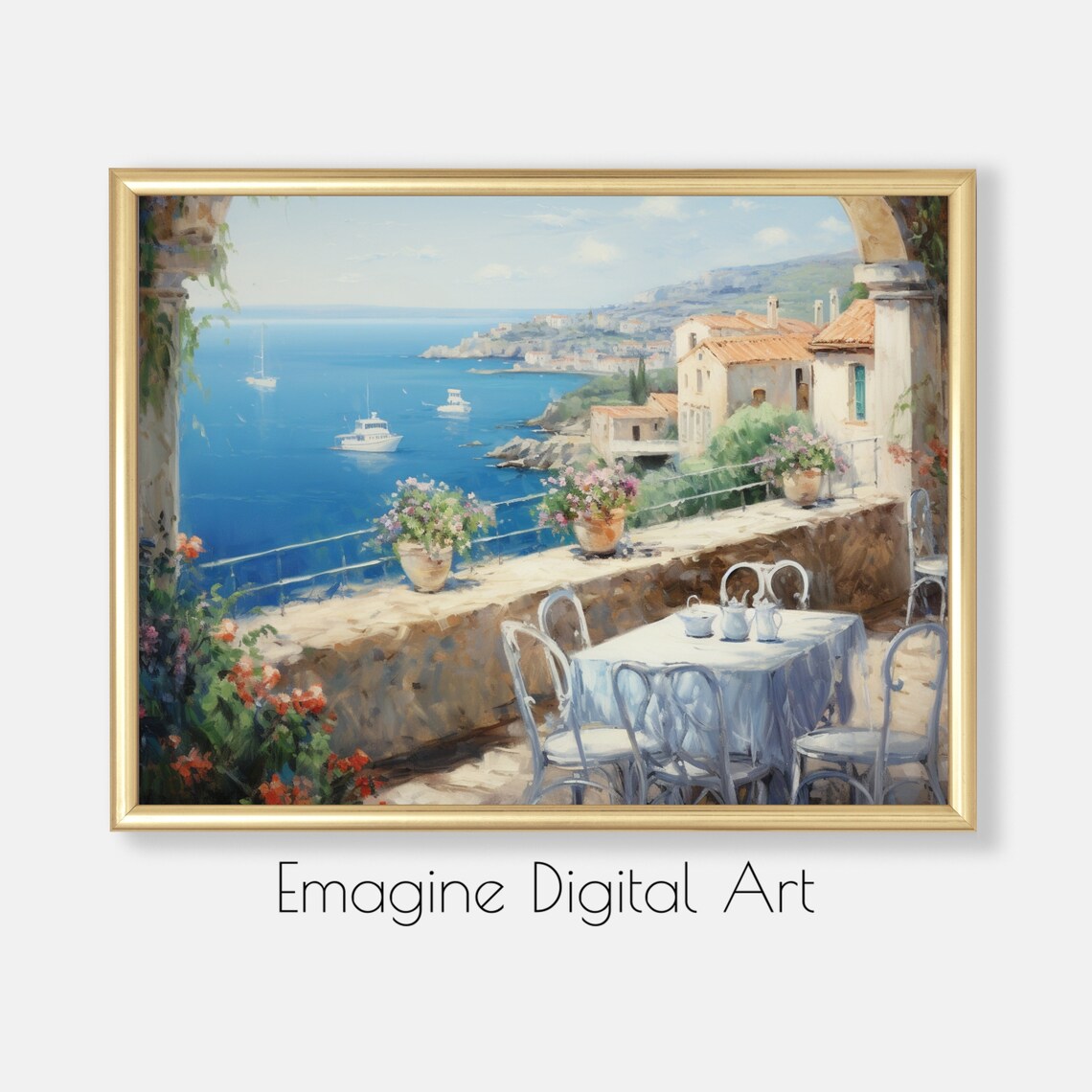 Greek Island Cafe Terrace Aegean Sea Coastal Painting Poster