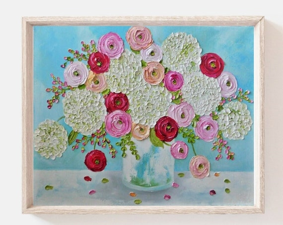 Custom White Hydrangea & Mixed Ranunculus Oil-Style Art Print