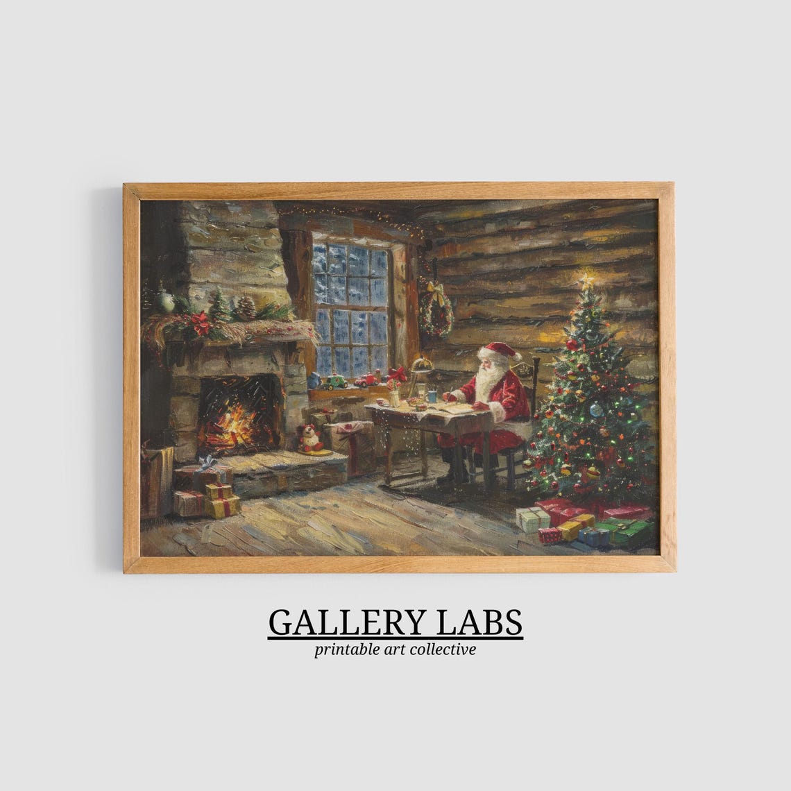 Santa Claus At Desk Log Cabin Fireplace Christmas Tree Scene Poster - Image 3