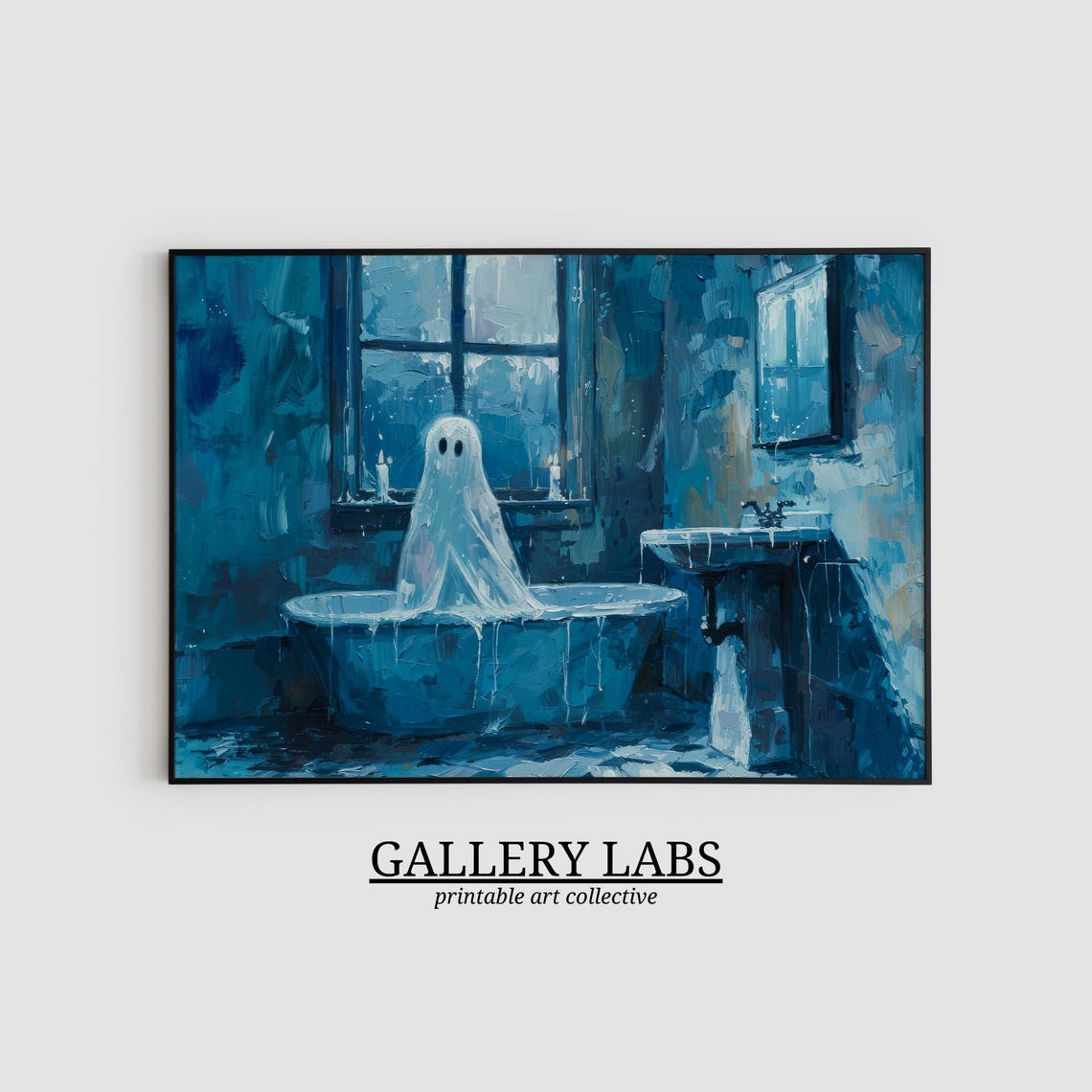 Cute Ghost in Bathtub Blue Bathroom Funny Halloween Wall Art Print - Image 2