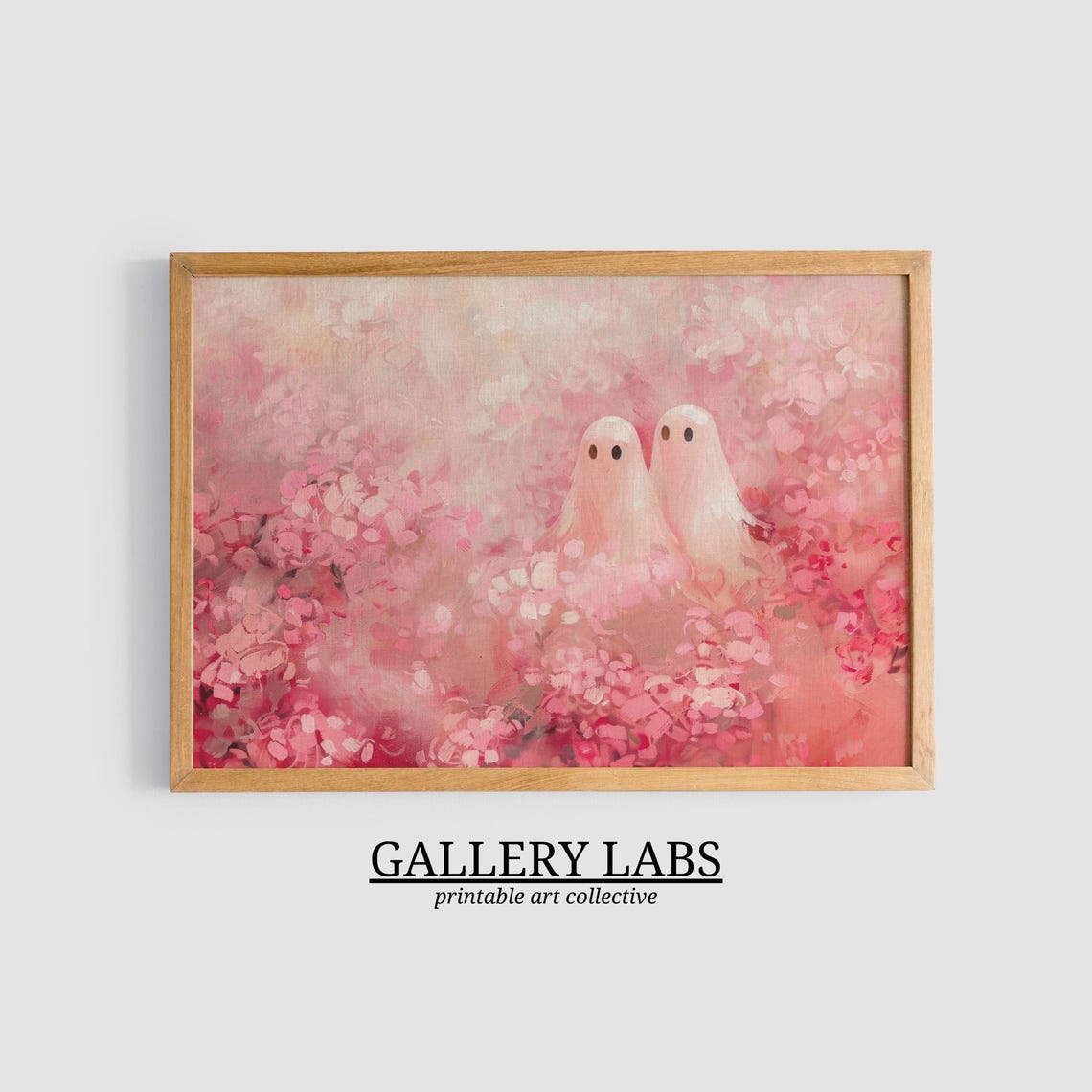 Two Cute Ghosts Pink Wildflowers Field Spooky Sweet Painting Poster - Image 3