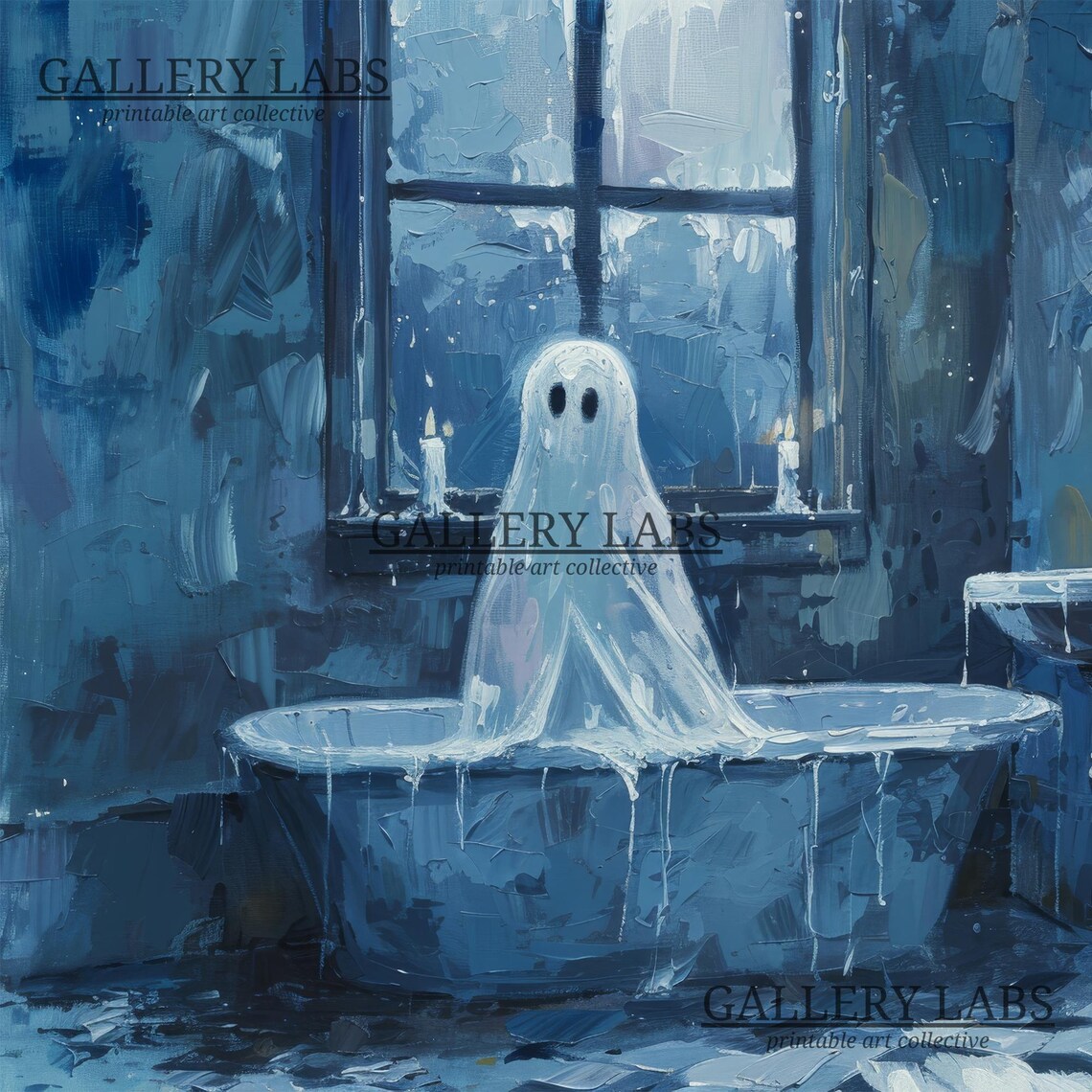 Cute Ghost in Bathtub Blue Bathroom Funny Halloween Wall Art Print - Image 4