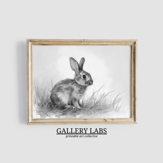 Vintage Rabbit Pencil Sketch Woodland Animal Neutral Nursery Wall Art Print
