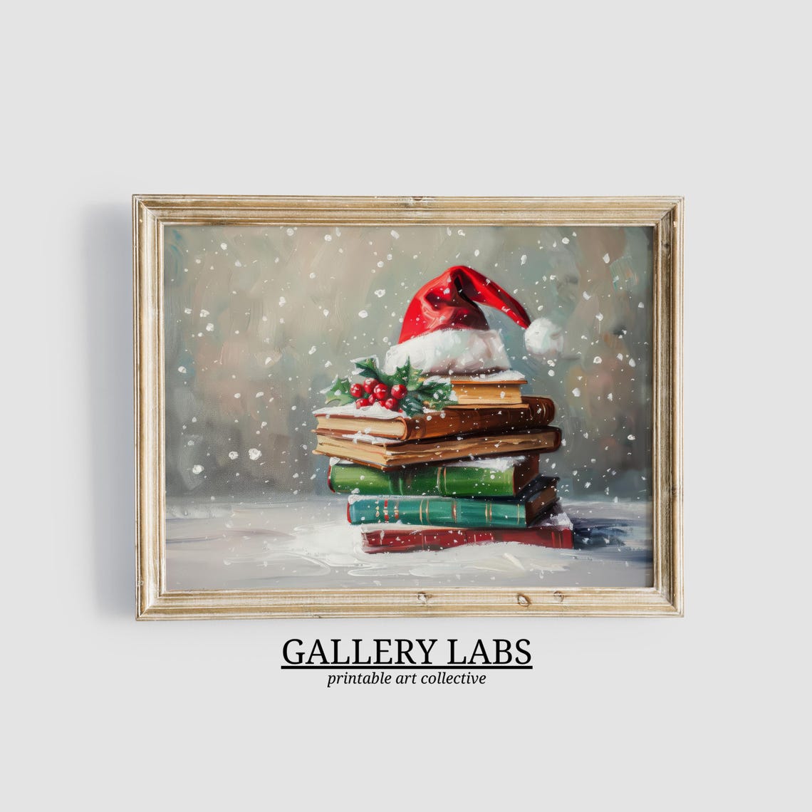 Stack Of Vintage Books Santa Hat Holly Berries Snowfall Art Poster
